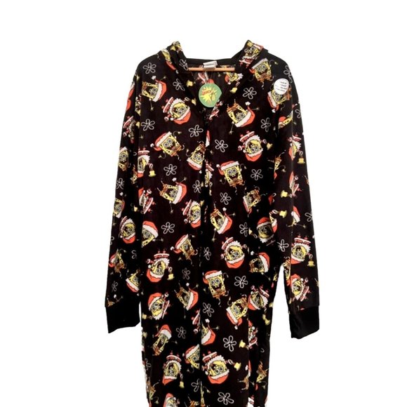Christmas SpongeBob Squarepants PJs Comfy One Piece Black Loungewear w Hood NEW - Picture 2 of 14